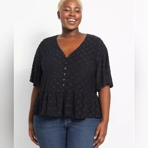 Lane Bryant Textured Star Peplum Button Front Top Size 22 24 Black Blue Blouse